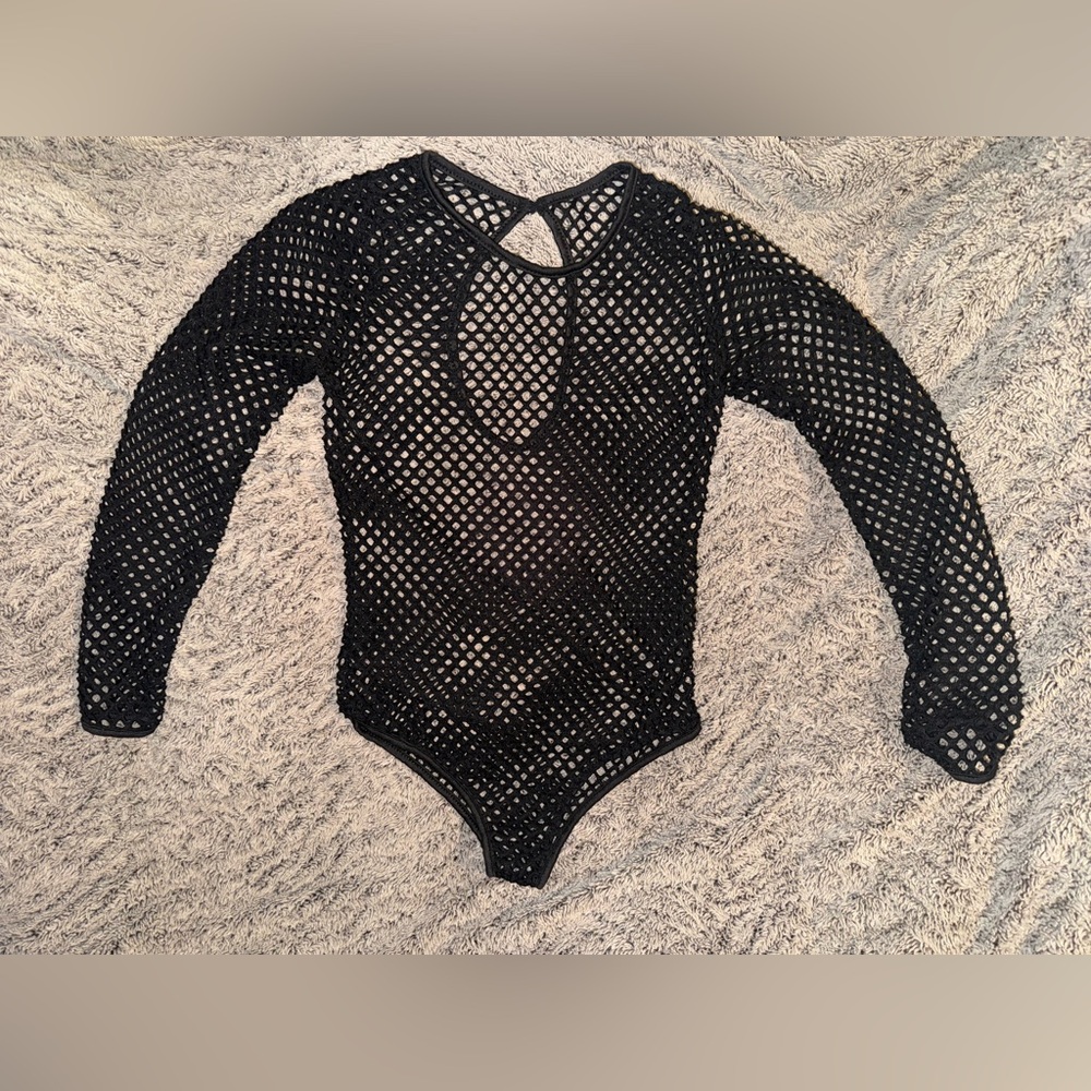 FREE in Bundle Fishnet Bodysuit One Piece Long Sleeve Keyhole Leotard Body Suit
